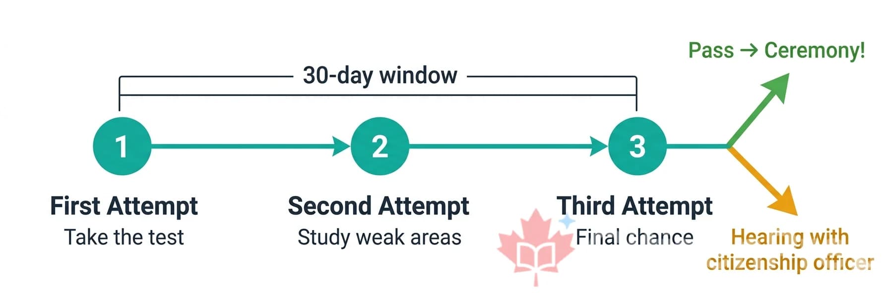 Timeline showing 3 citizenship test attempts within a 30-day window — pass leads to ceremony, fail leads to hearing