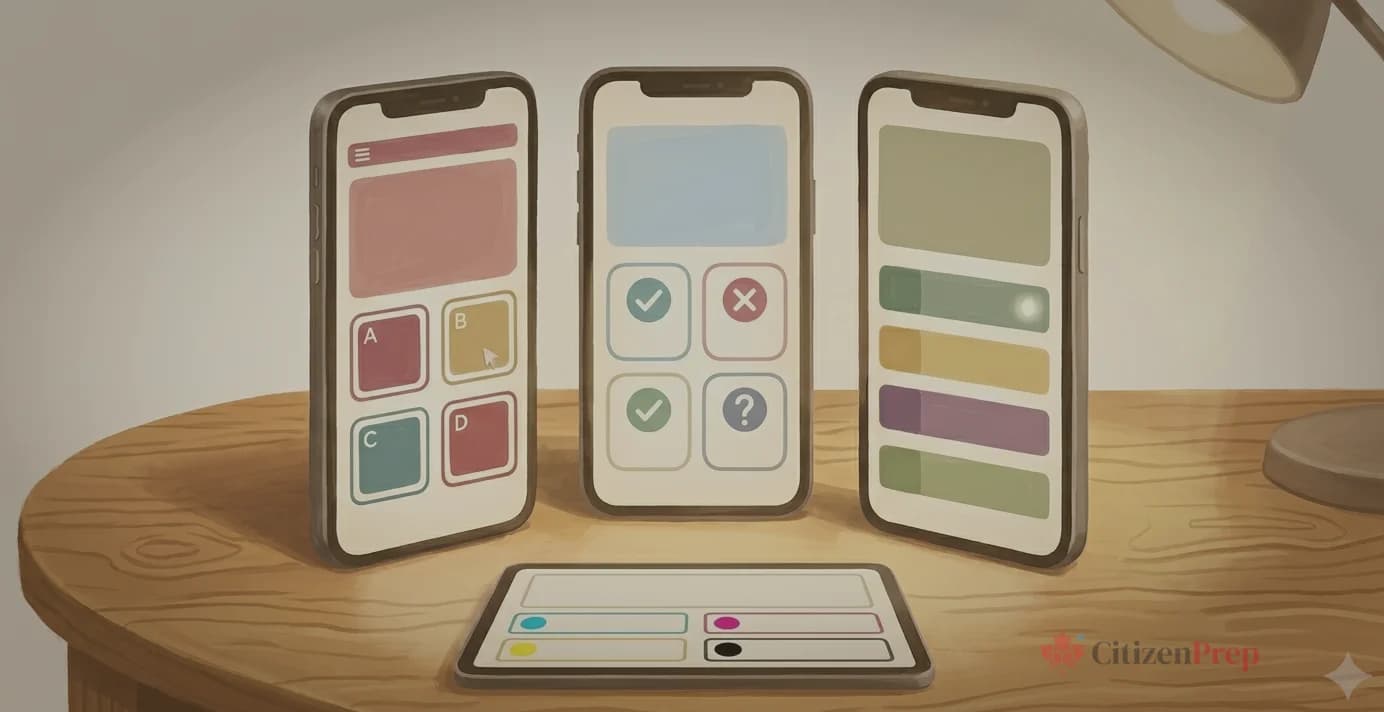 Illustration plate montrant des icônes d'applications — téléphone, étoile et bouclier — représentant les outils de préparation à l'examen de citoyenneté canadienne