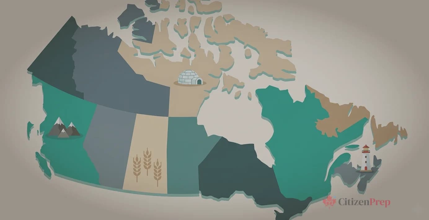 Editorial illustration showing a stylized map of Canada divided into five coloured regions with provincial and territorial labels