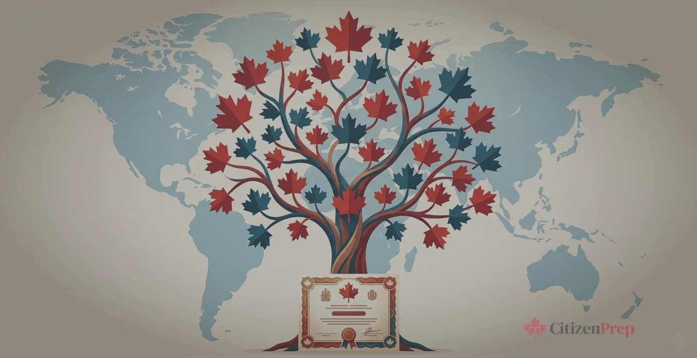 Editorial illustration showing a family tree with maple leaves connecting generations across a world map, with a Canadian citizenship certificate at the base
