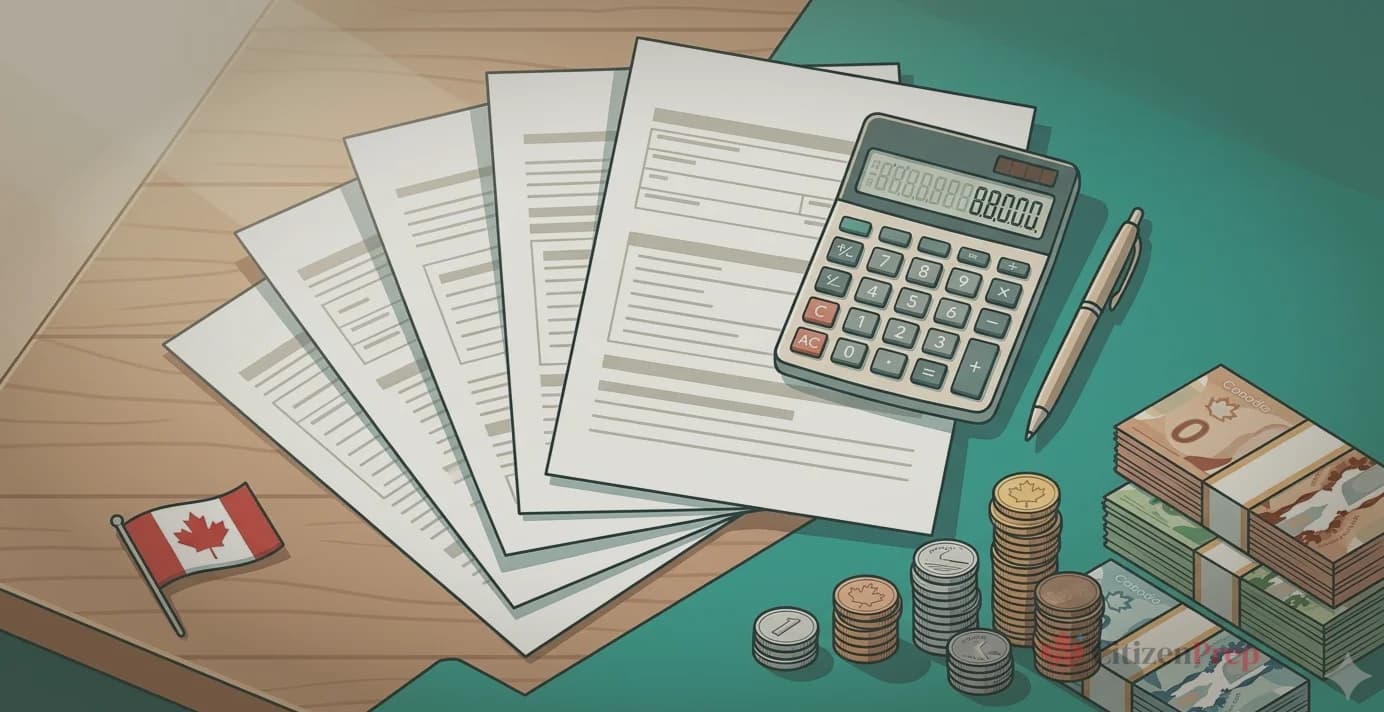 Editorial illustration showing a Canadian passport, citizenship certificate, and a calculator on a desk with a maple leaf motif