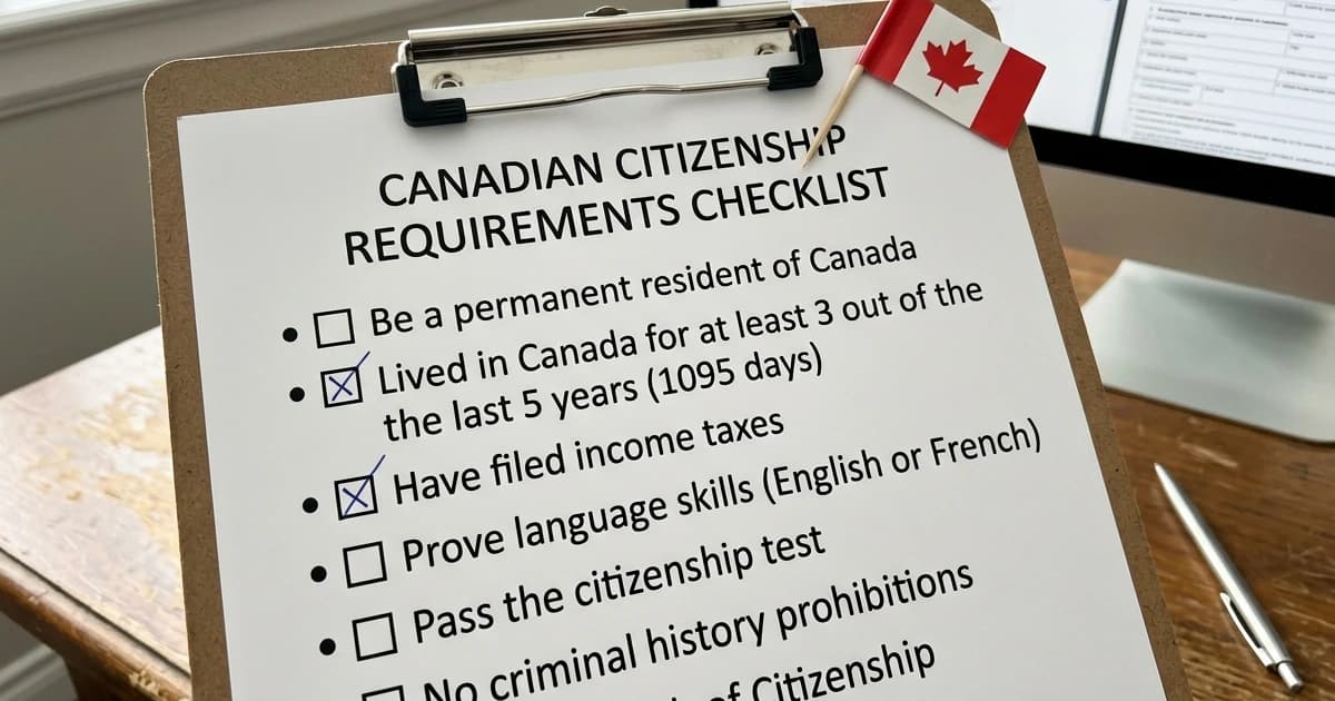 Une liste de verification sur un presse-papiers avec un petit drapeau canadien, representant les exigences de citoyennete