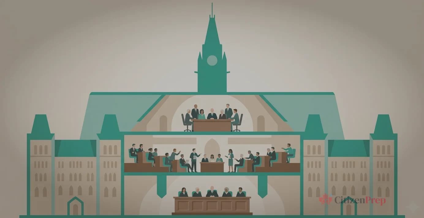Editorial illustration showing the structure of Canada's Parliament with the Sovereign, Senate, and House of Commons