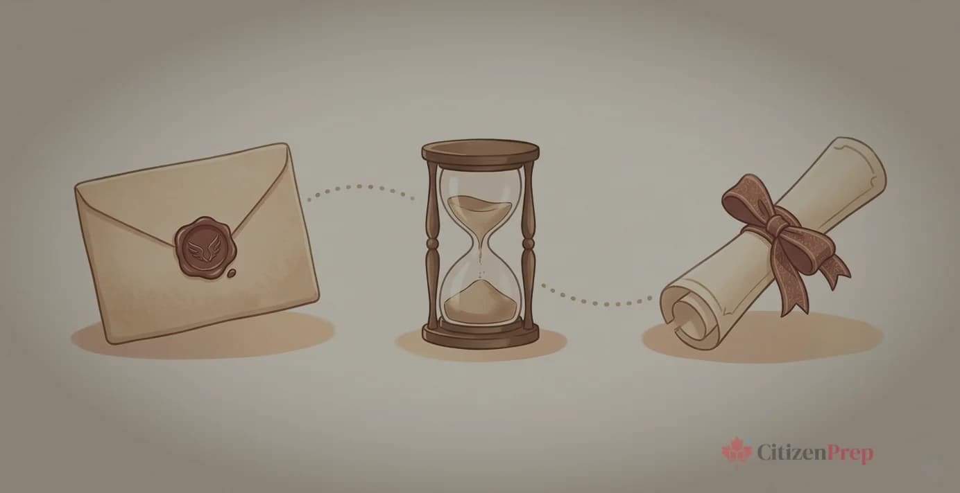 Illustration des étapes de traitement de la citoyenneté canadienne, de la demande à la cérémonie