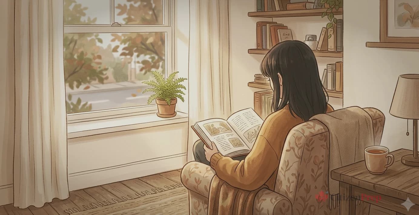 Person taking a deep breath while preparing for the Canadian citizenship test, looking calm and confident