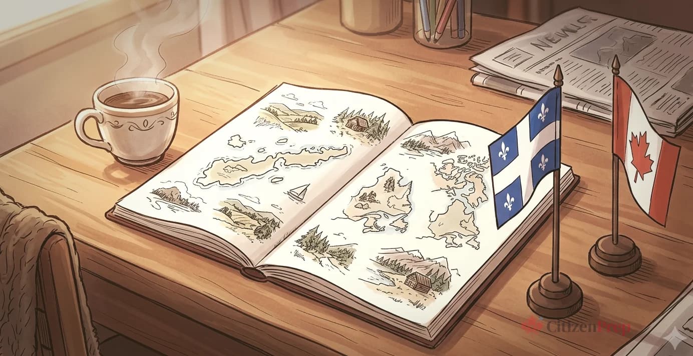 Flat illustration of a French-language open book and a bilingual conversation icon representing citizenship test preparation in French