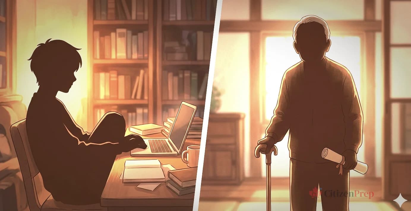 Flat illustration showing two paths: a figure at a laptop for test-takers, and an older adult silhouette with a certificate for seniors who are exempt