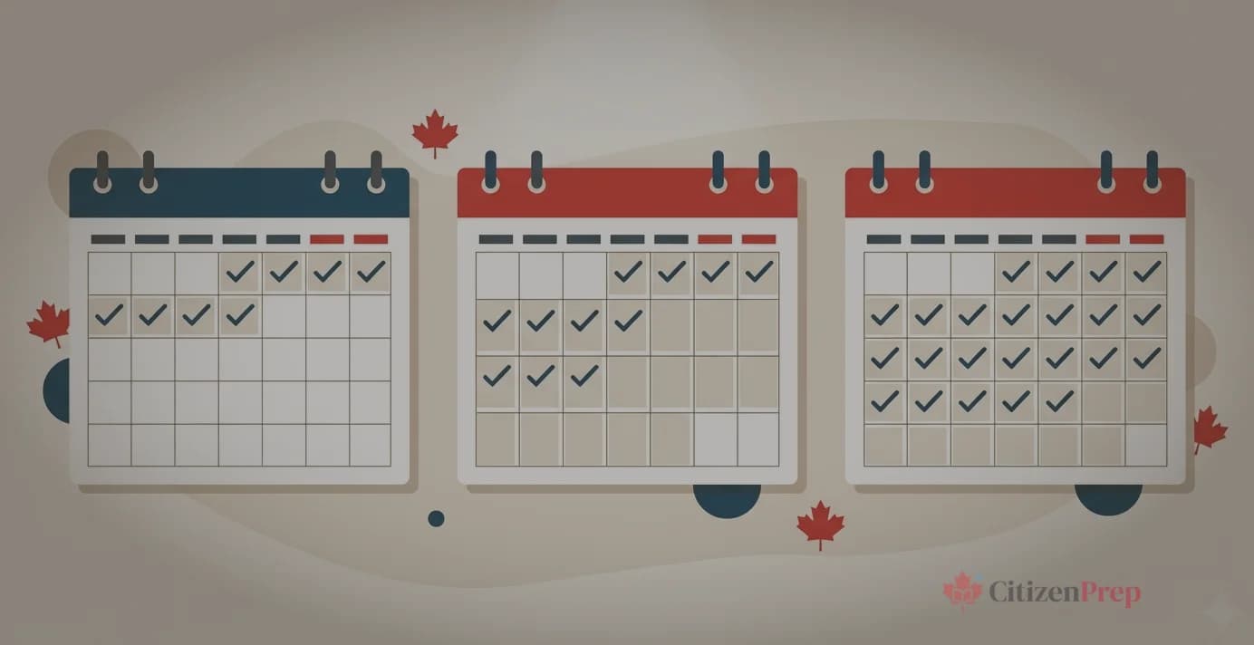 Editorial illustration showing three calendar schedules side by side with Canadian maple leaf accents and study checkmarks