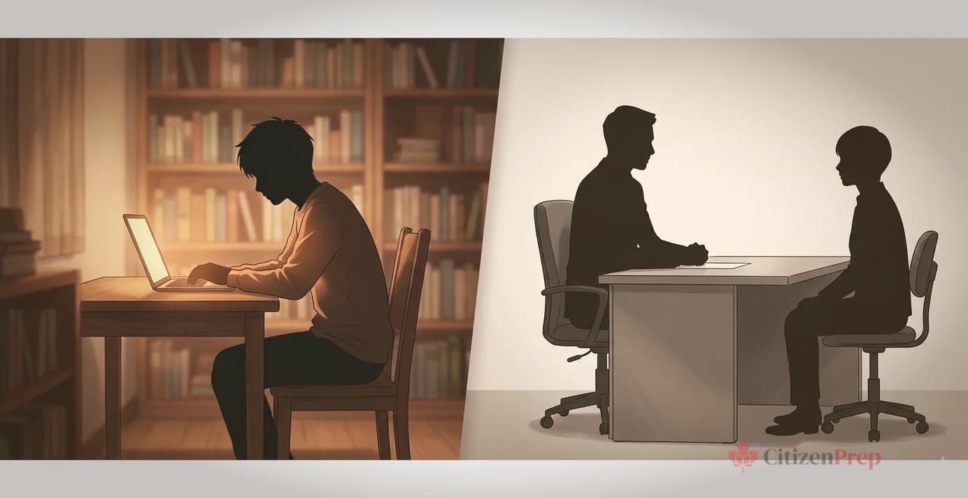 Flat illustration showing a person at a laptop representing the online test, and two figures across a desk representing the in-person citizenship hearing