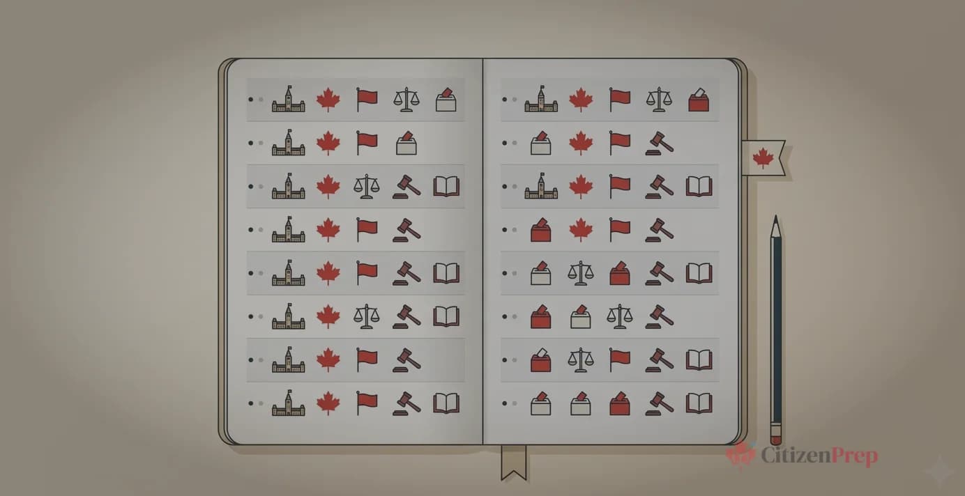 Editorial illustration showing an open study guide with Canadian symbols, a maple leaf, and highlighted key facts