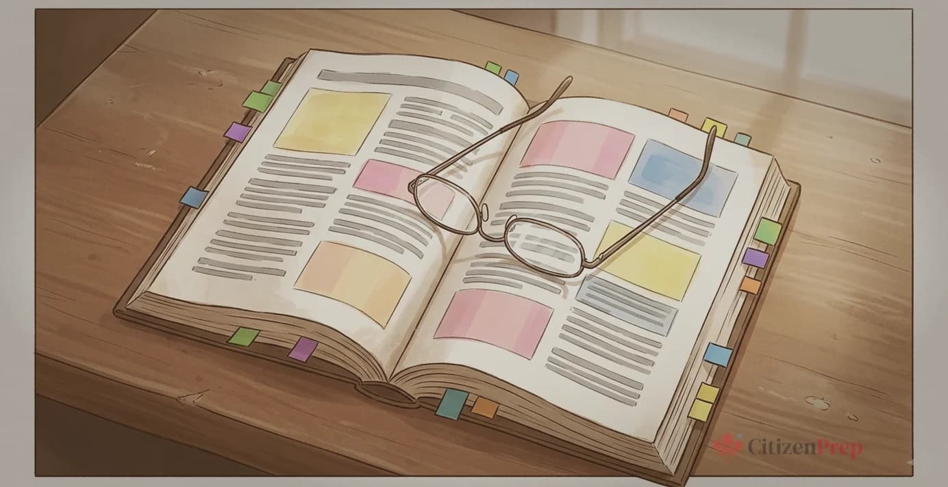 Guide d'étude Découvrir le Canada ouvert avec des sections difficiles surlignées sur le gouvernement et l'histoire du Canada