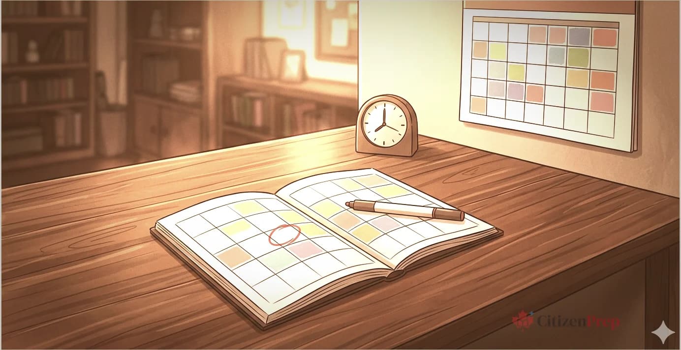 Illustration éditoriale d'un agenda ouvert avec des blocs colorés et un cercle rouge, une horloge, et un calendrier mural avec des jours d'étude colorés sur un bureau en bois chaud