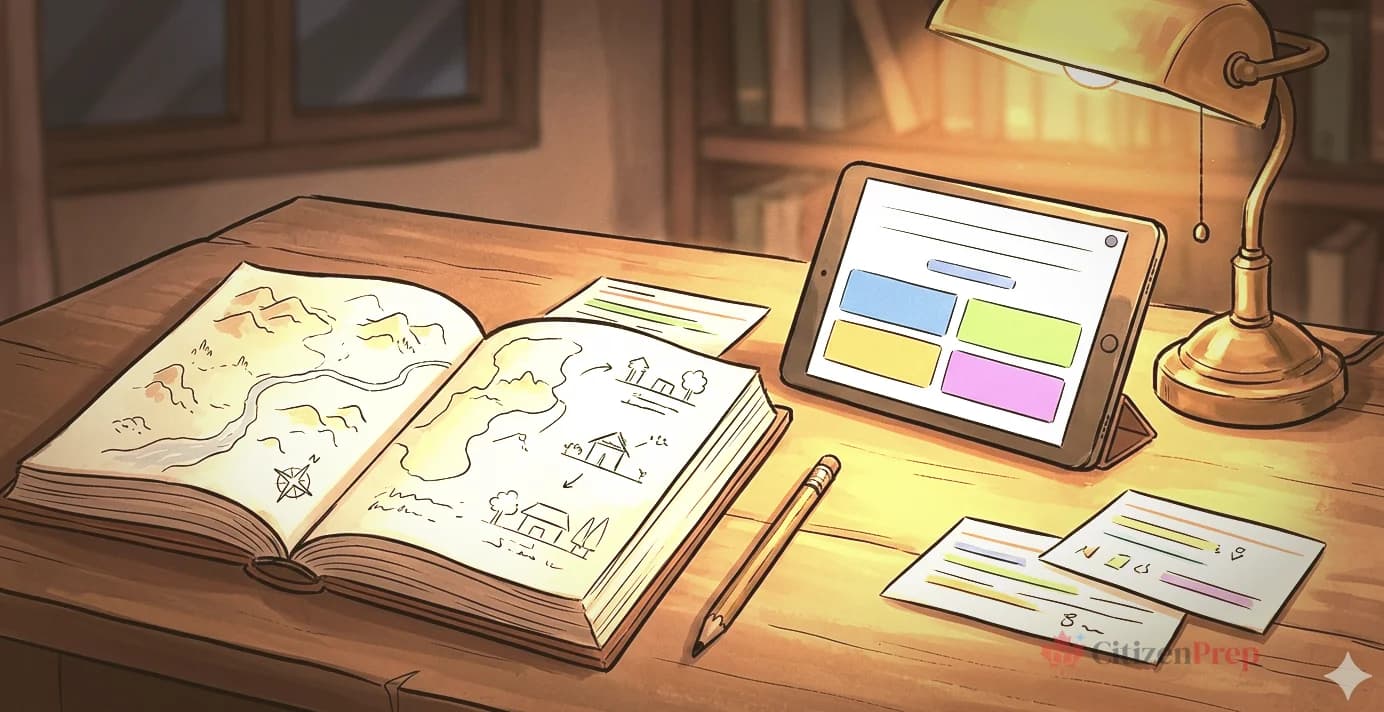 Person studying for the Canadian citizenship test with practice questions and the Discover Canada guide