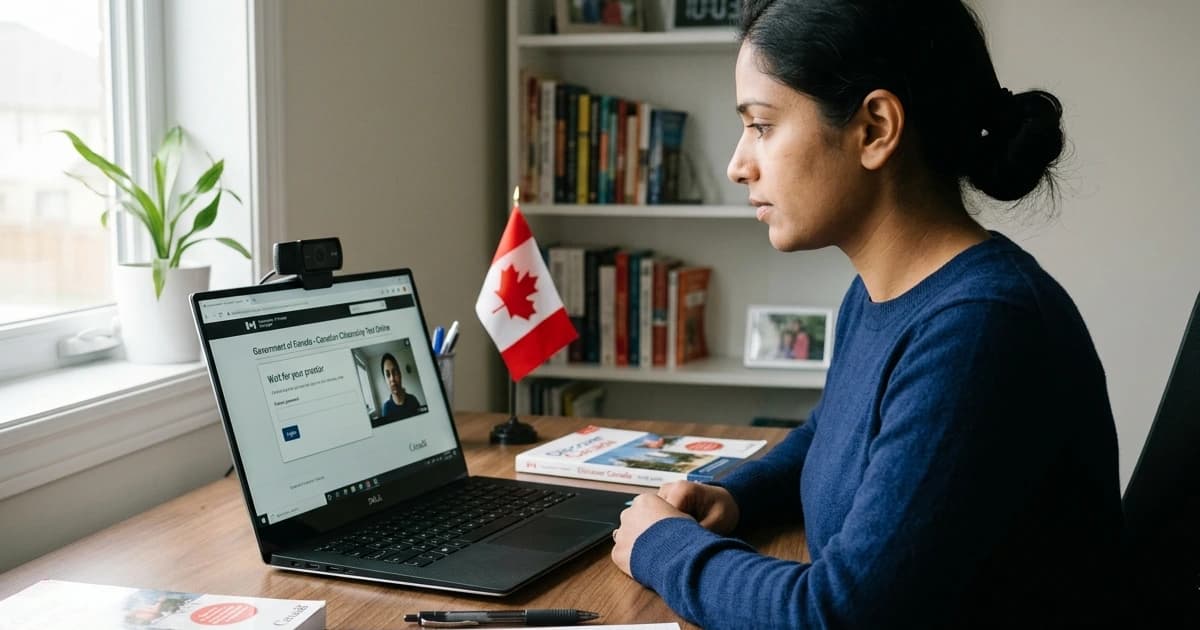 Personne assise à un bureau avec un ordinateur portable et une webcam, prête à passer l'examen de citoyenneté canadienne en ligne