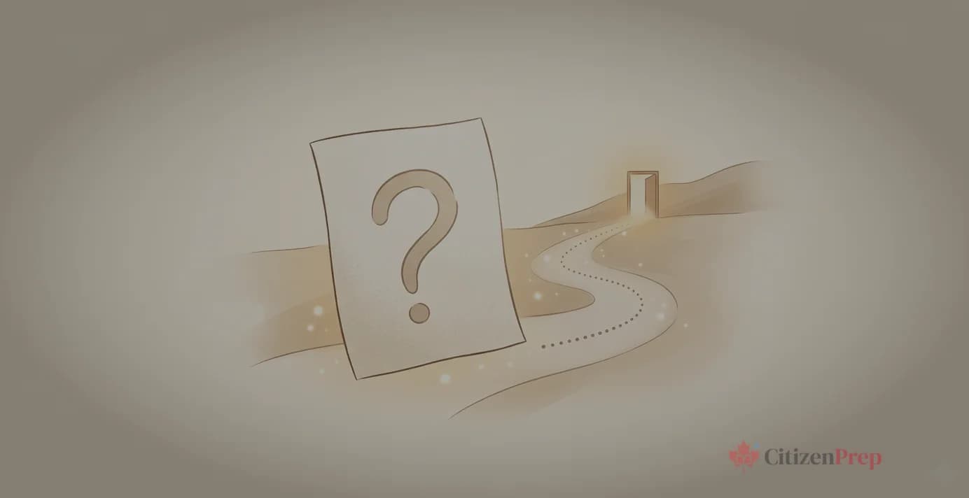 Woman studying at a desk with a laptop, open notebook, coffee, and papers; a Canadian flag hangs on the wall behind her with a small flag on the table