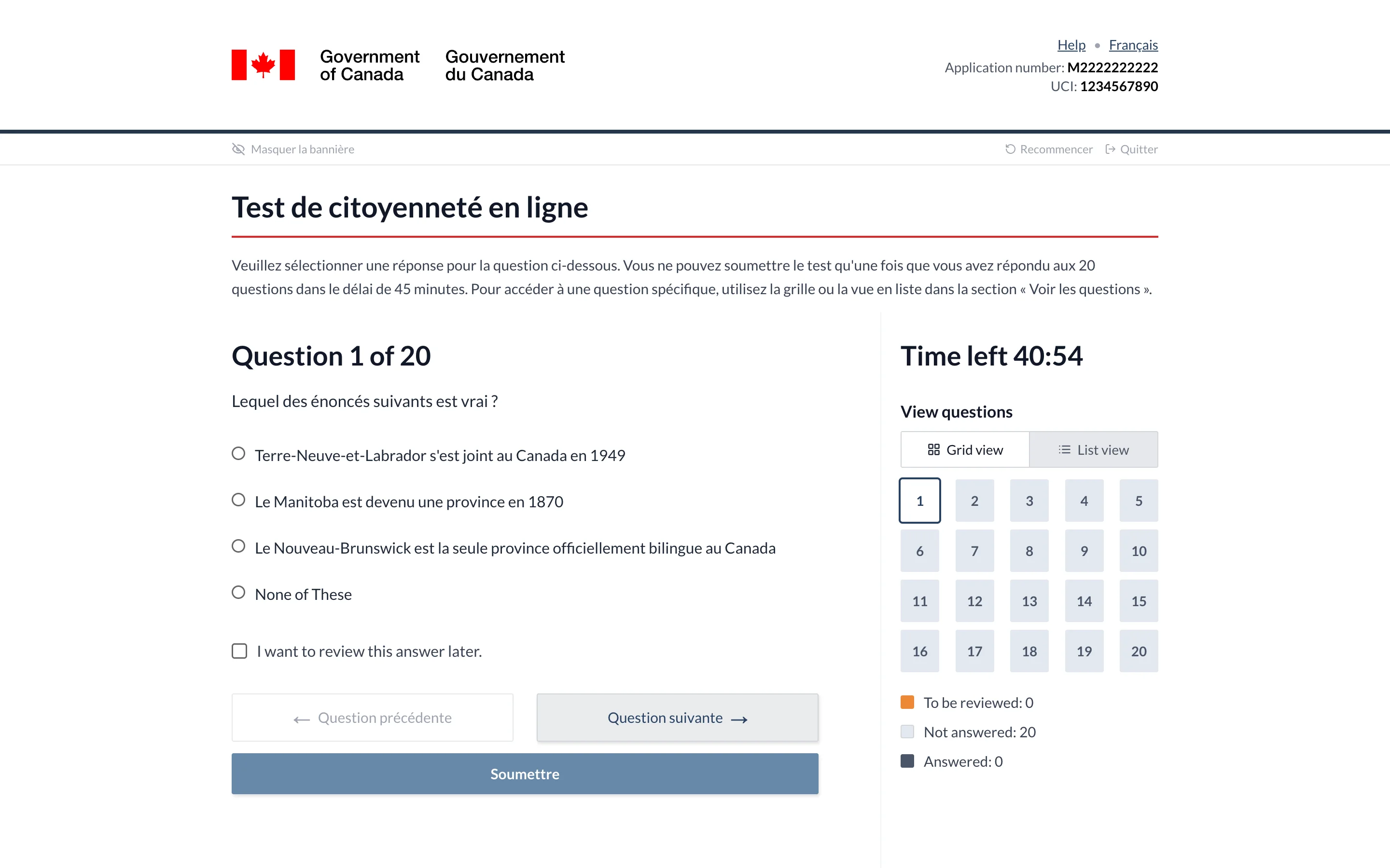 Interface du test simulé CitizenPrep affichant un examen de 20 questions avec chronomètre
